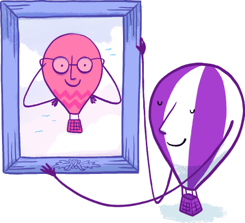 The Fly balloon mascot hanging a picture on the wall