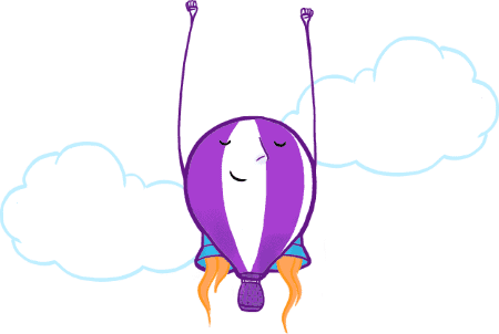 The Fly balloon mascot riding a jet pack into the sky